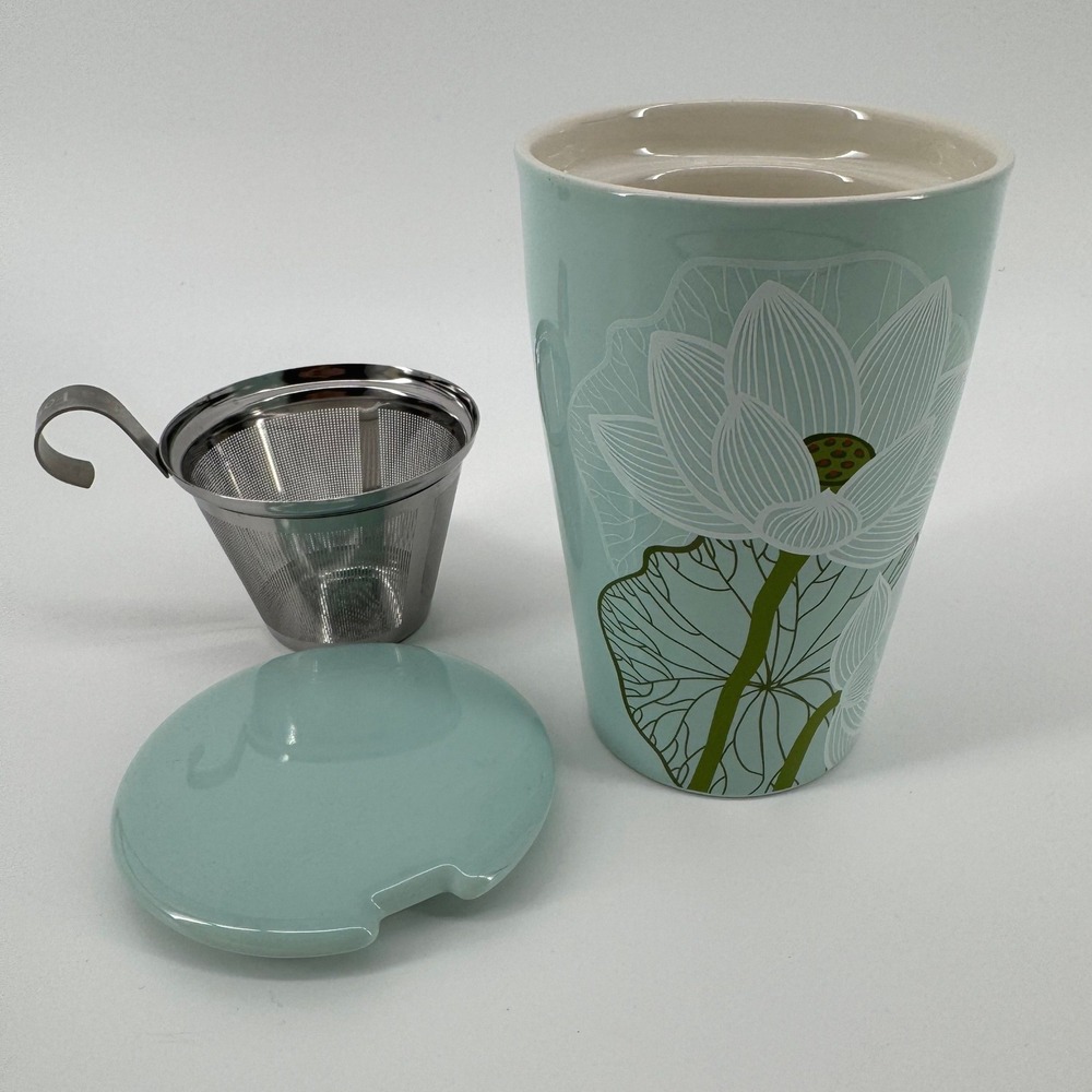 Tea Forte Kati Steeping Cup Infuser Set 12oz Green Lotus Ceramic Double Wall Mug